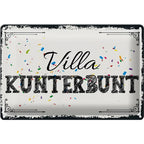 Weißes rechteckiges blechschild 30x20cm mit schwarzem rand und villa kunterbunt text in dekorativer schrift