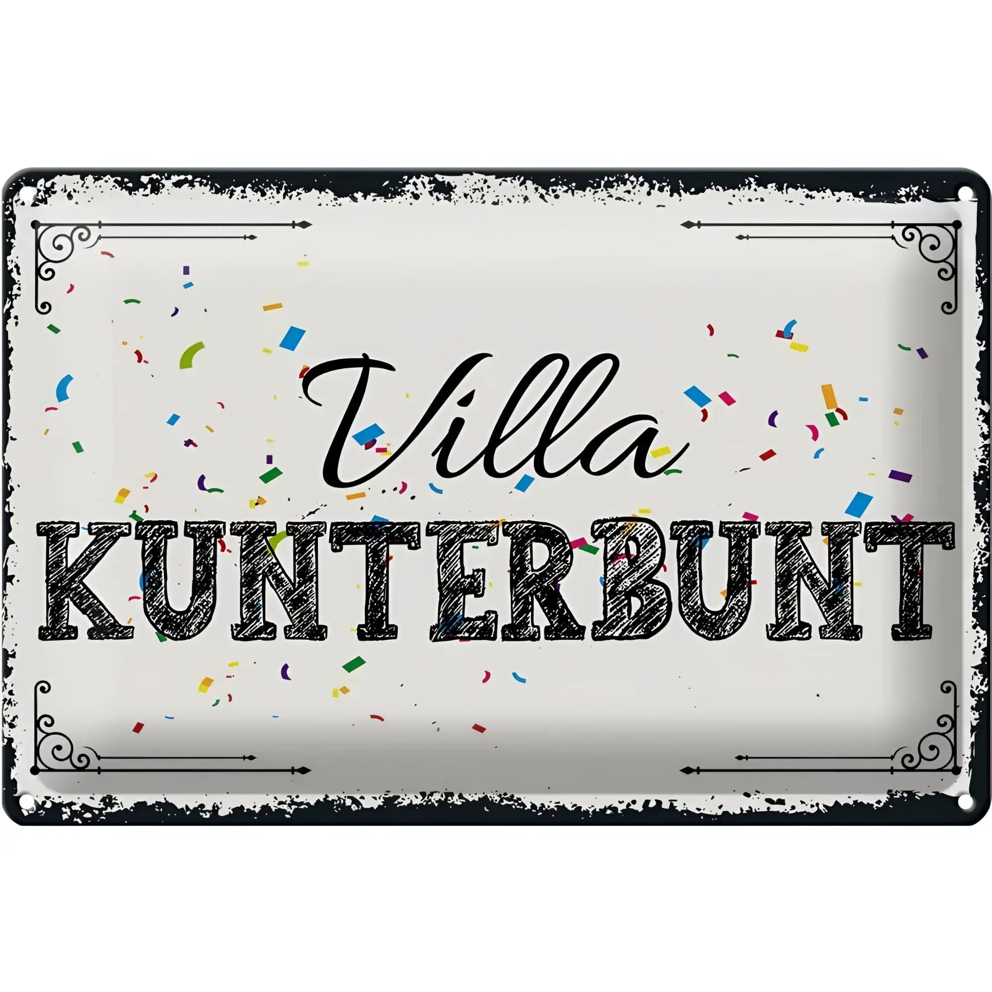 Weißes rechteckiges blechschild 30x20cm mit schwarzem rand und villa kunterbunt text in dekorativer schrift