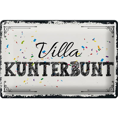 Weißes rechteckiges blechschild 30x20cm mit schwarzem rand und villa kunterbunt text in dekorativer schrift