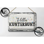 Weißes blechschild 30x20cm mit schwarzem rahmen und konfetti design text villa kunterbunt in eleganter schrift