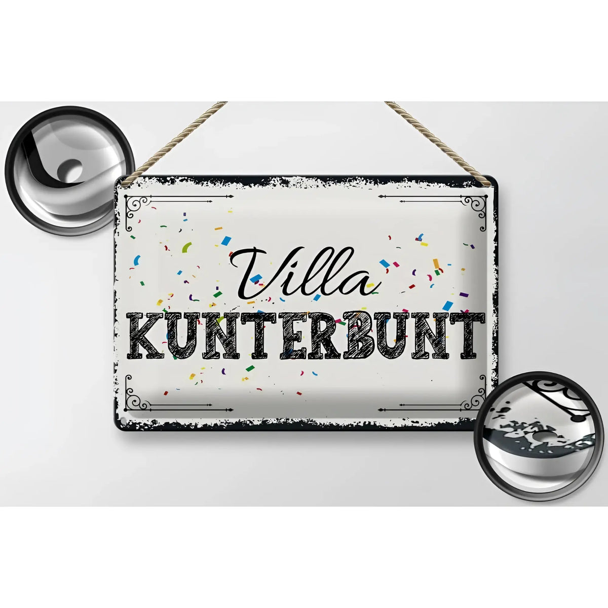 Weißes blechschild 30x20cm mit schwarzem rahmen und konfetti design text villa kunterbunt in eleganter schrift