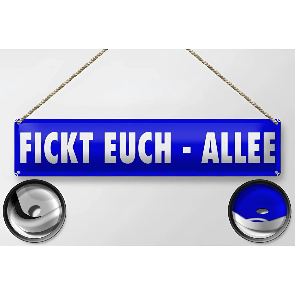 Blaues rechteckiges blechschild mit weißer schrift und metallischem finish zum aufhängen als lustiges dekorationsgeschenk