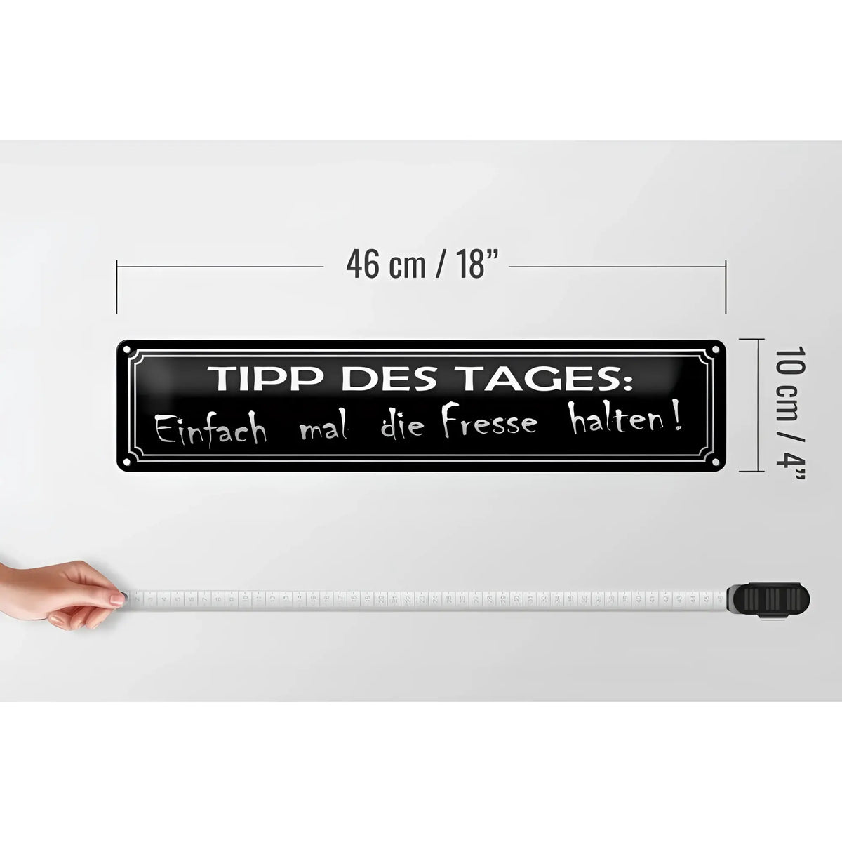 Blechschild spruch 46x10cm schwarzes metall schild mit weißem text tipp des tages einfach mal die fresse halten