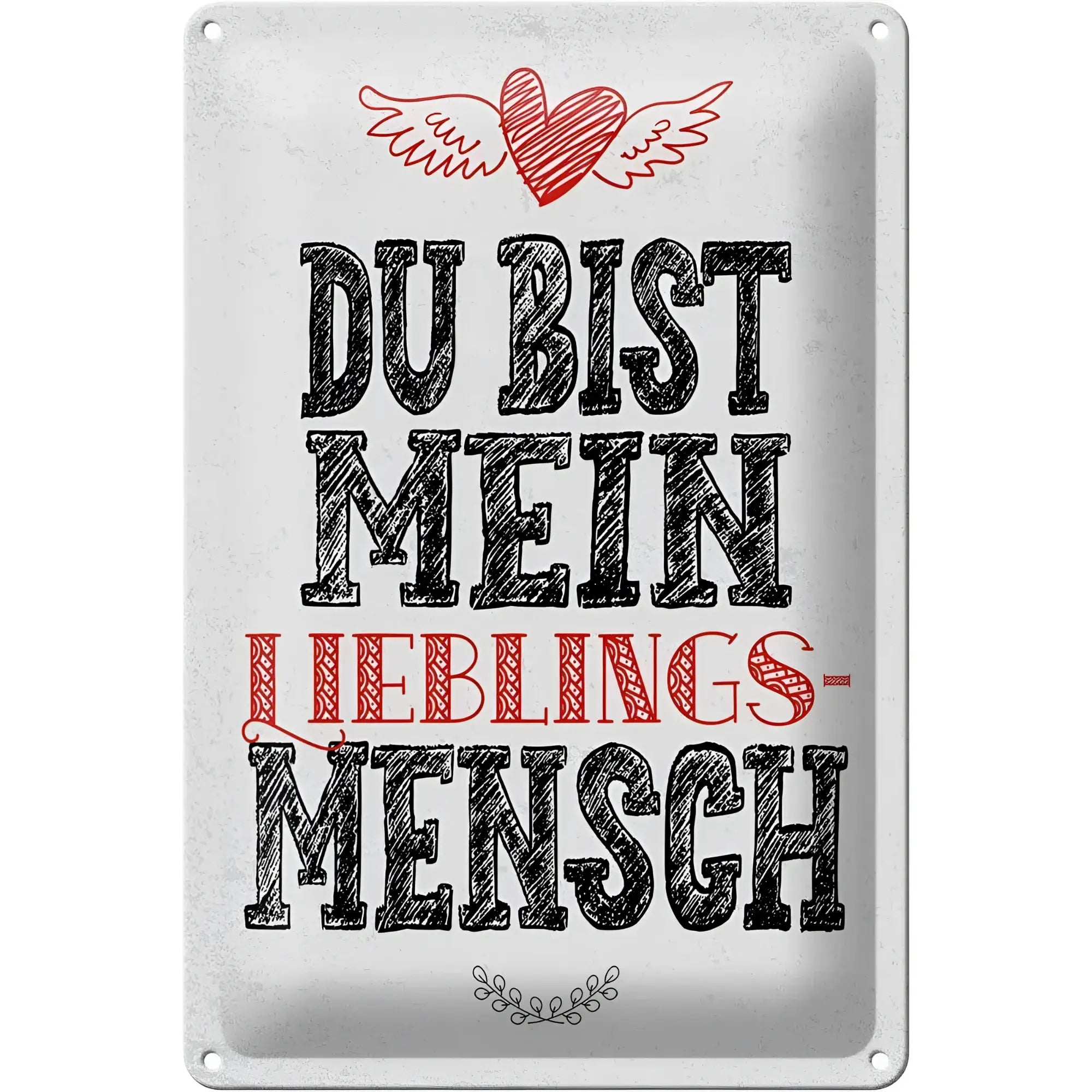 Rechteckiges blechschild mit distressed weißer oberfläche und schwarzer kreidebeschriftung du bist mein lieblingsmensch