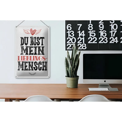 Silbernes blechschild mit schwarzem und rotem text du bist mein lieblingsmensch und herz mit flügeln 20x30cm