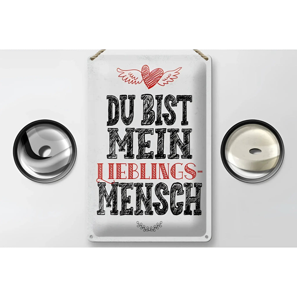Weißes blechschild mit schwarz-rotem text du bist mein lieblingsmensch und herz mit flügeln 20x30cm