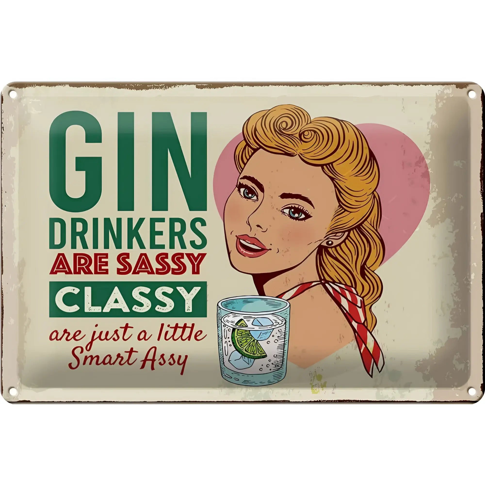 Retro blechschild 30x20cm aus metall mit vintage illustration einer blonden frau und spruch gin drinkers are sassy classy
