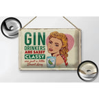 Vintage metal blechschild 30x20cm mit retro frau und grün-rotem gin spruch sassy classy smart assy