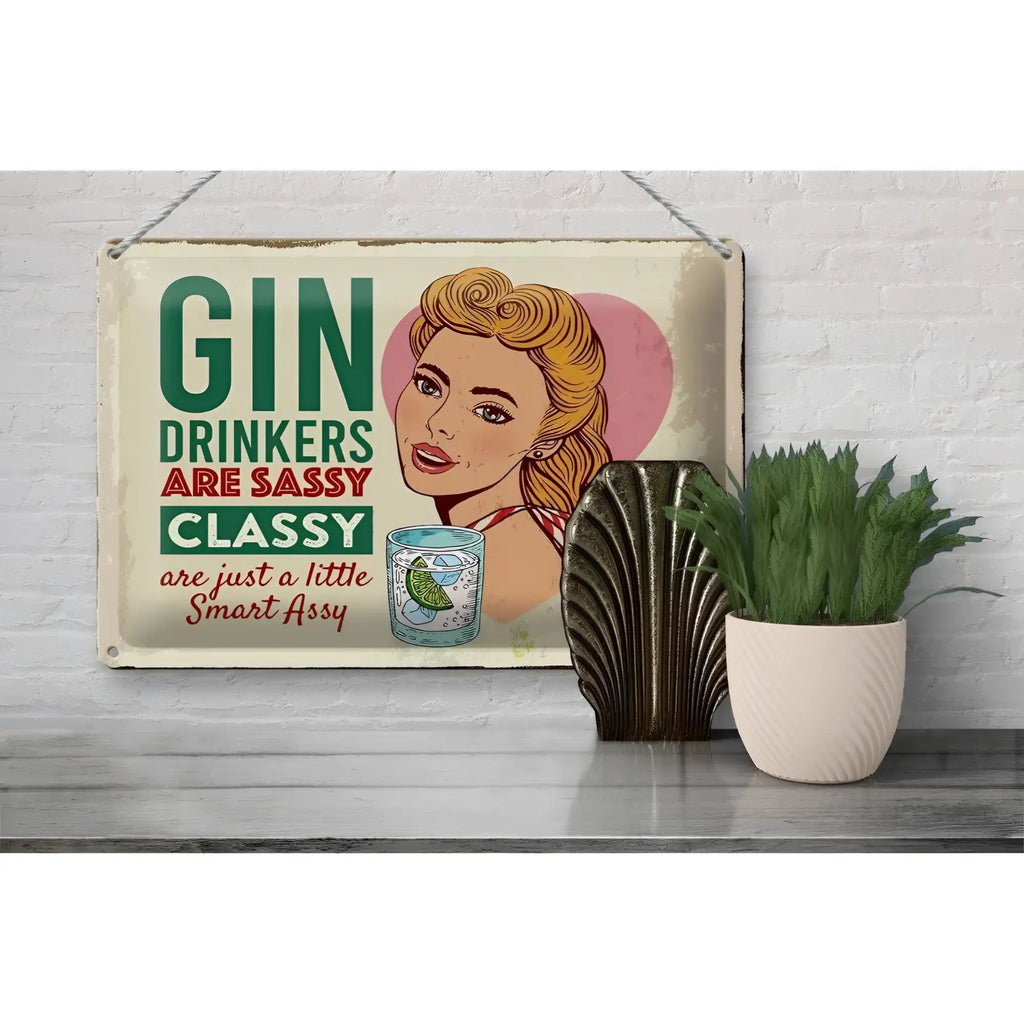 Vintage metall blechschild mit retro illustration einer blonden frau und spruch gin drinkers are sassy classy 30x20cm