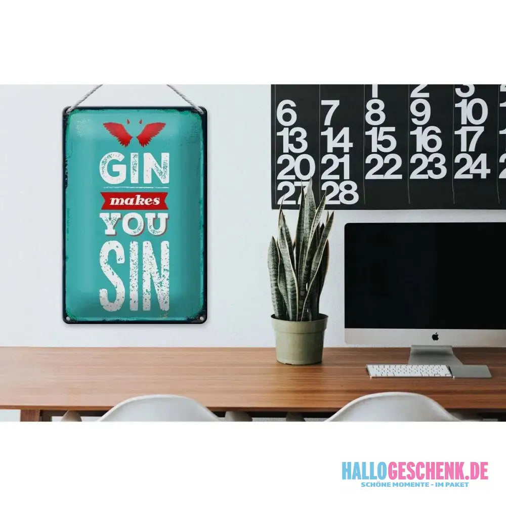 Blechschild Spruch Gin makes you Sin Devil Hell 20x30cm