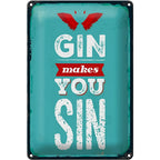 Petrolfarben vintage-style blechschild mit rotem vogel und distressed weißer schrift gin makes you sin 20x30cm