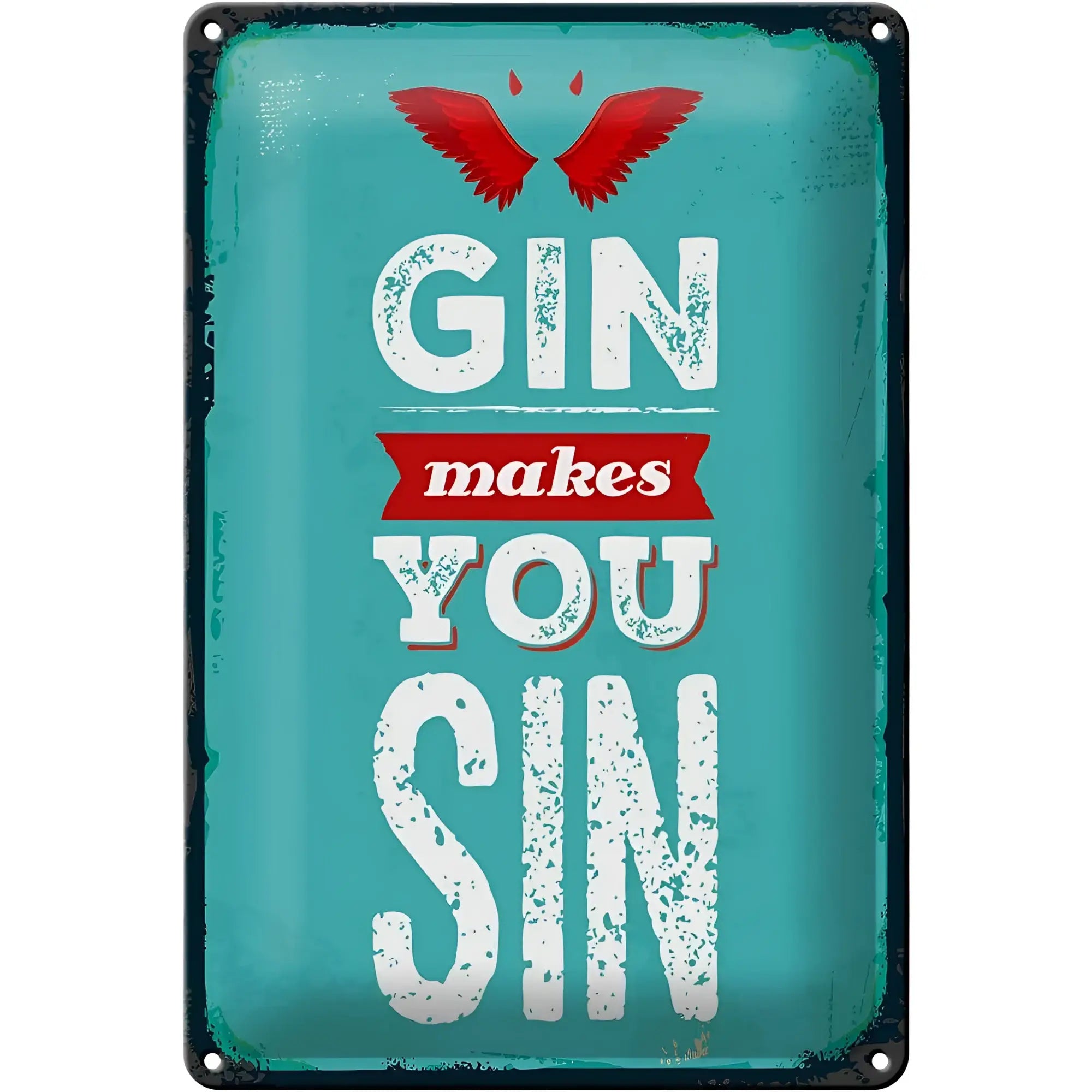 Petrolfarben vintage-style blechschild mit rotem vogel und distressed weißer schrift gin makes you sin 20x30cm