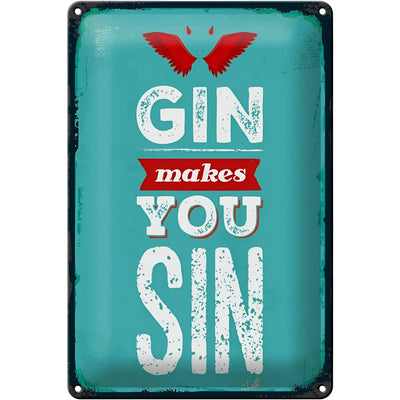 Petrolfarben vintage-style blechschild mit rotem vogel und distressed weißer schrift gin makes you sin 20x30cm