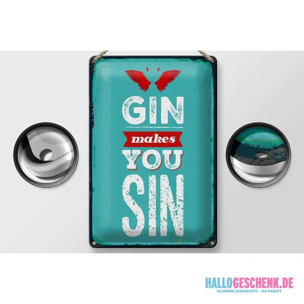Blechschild Spruch Gin makes you Sin Devil Hell 20x30cm