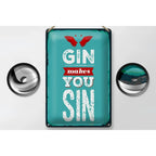 Petrolfarben vintage blechschild mit distressed finish und weiß rotem text gin makes you sin über roten flügeln 20x30cm