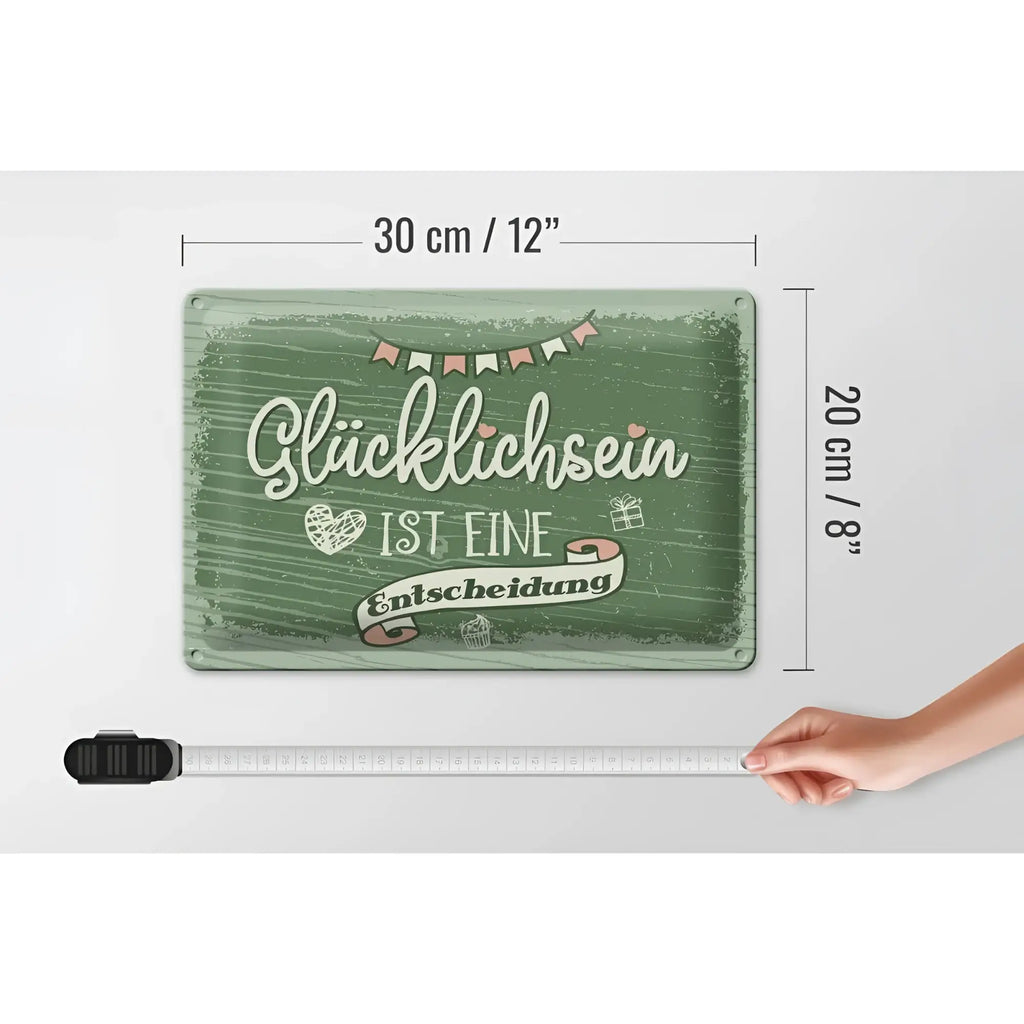 Wegschild spruch glücklichsein ist entscheidung grün metall 30x20 cm mit weißer schrift und pinken girlanden