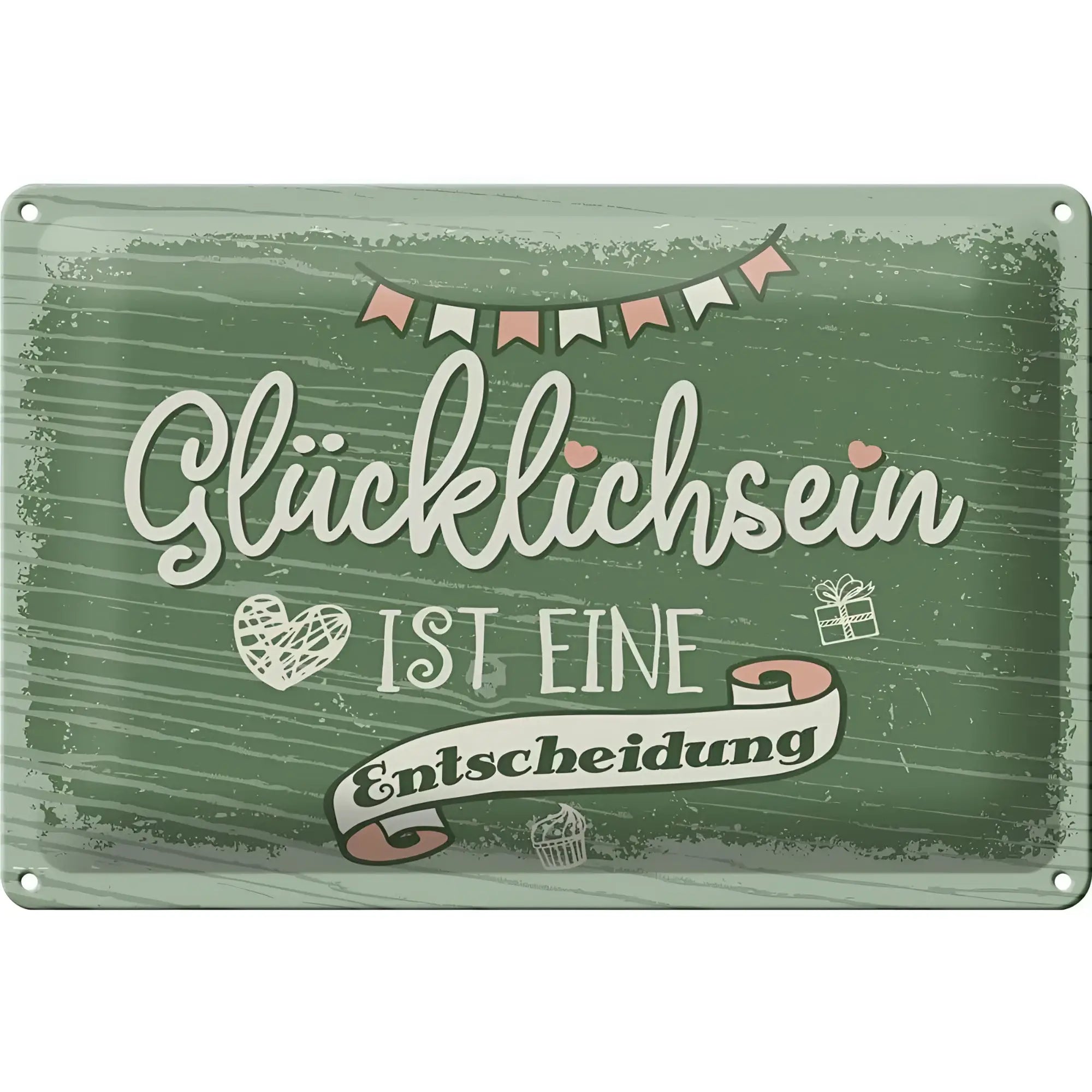 Grünes rechteckiges blechschild mit distressed kreidetafel optik und weißer schrift glücklichsein ist entscheidung 30x20cm