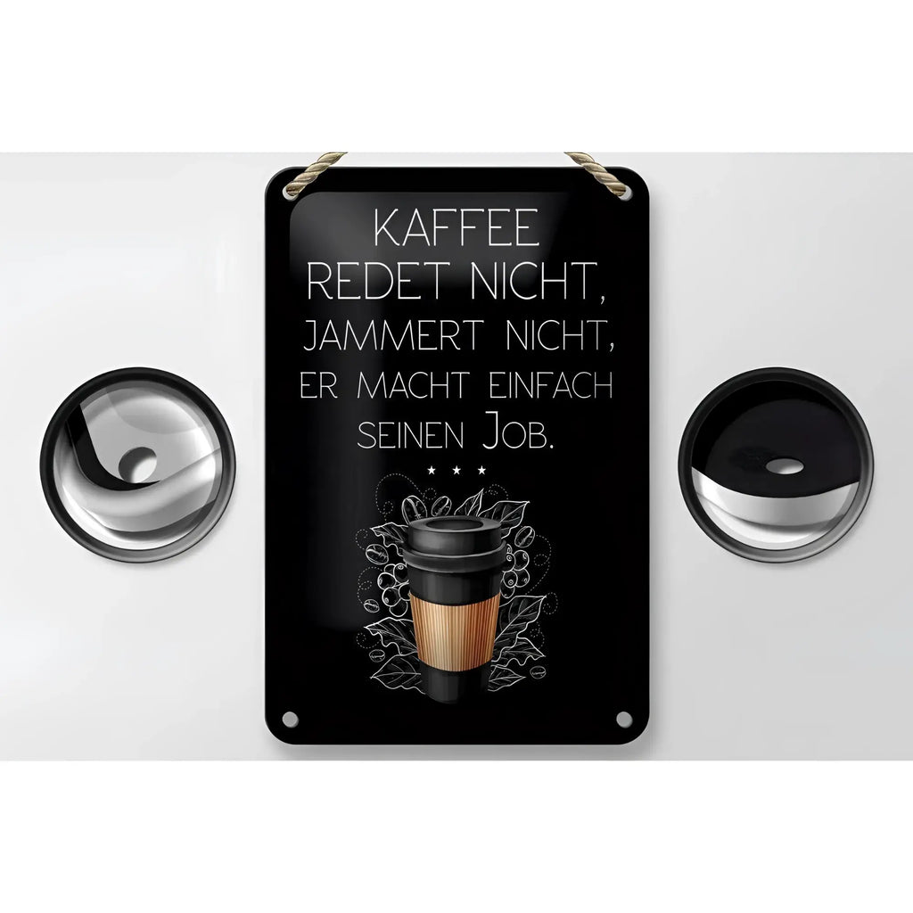Blechschild kaffeeredetnicht 12x18cm schwarzes metallschild mit weißem text und kaffeetassenskizze umgeben von blättern