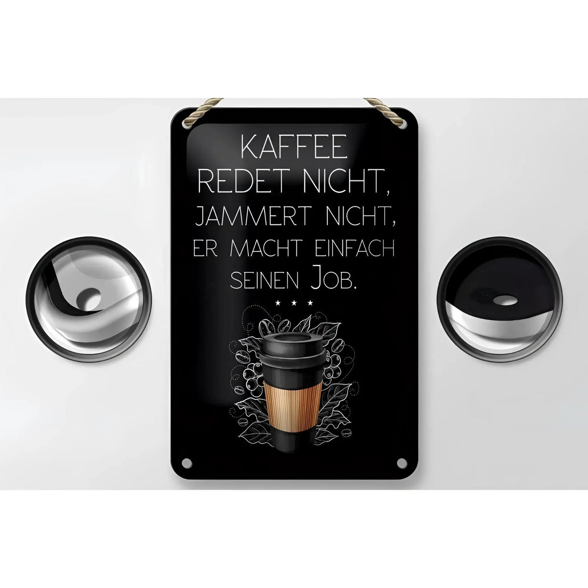 Blechschild kaffeeredetnicht 12x18cm schwarzes metallschild mit weißem text und kaffeetassenskizze umgeben von blättern