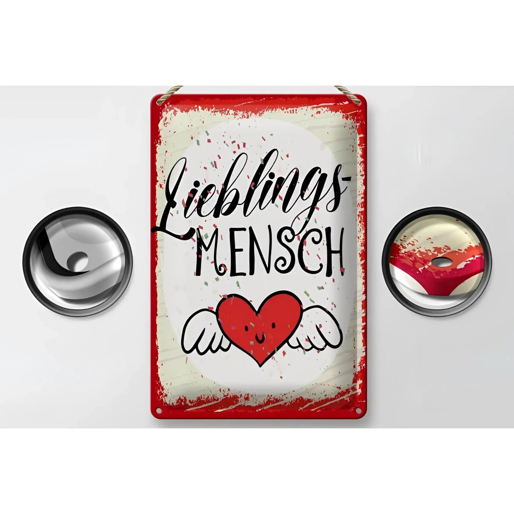 Rotes blechschild 20x30cm mit weißem distressed hintergrund schwarze schrift lieblingsmensch und rotem herz mit flügeln