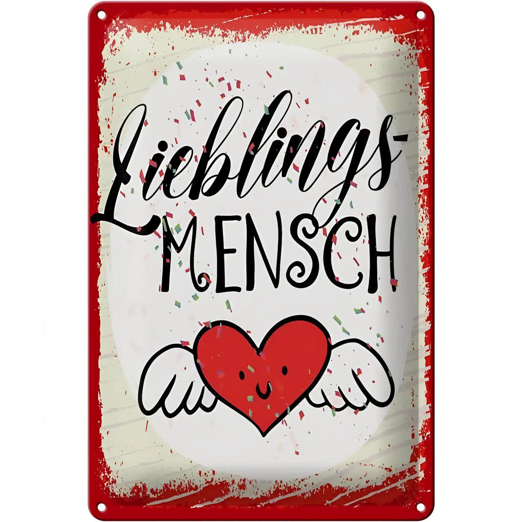 Rotes blechschild 20x30cm mit spruch lieblingsmensch in schwarzer schrift und herz mit flügeln auf metallrahmen