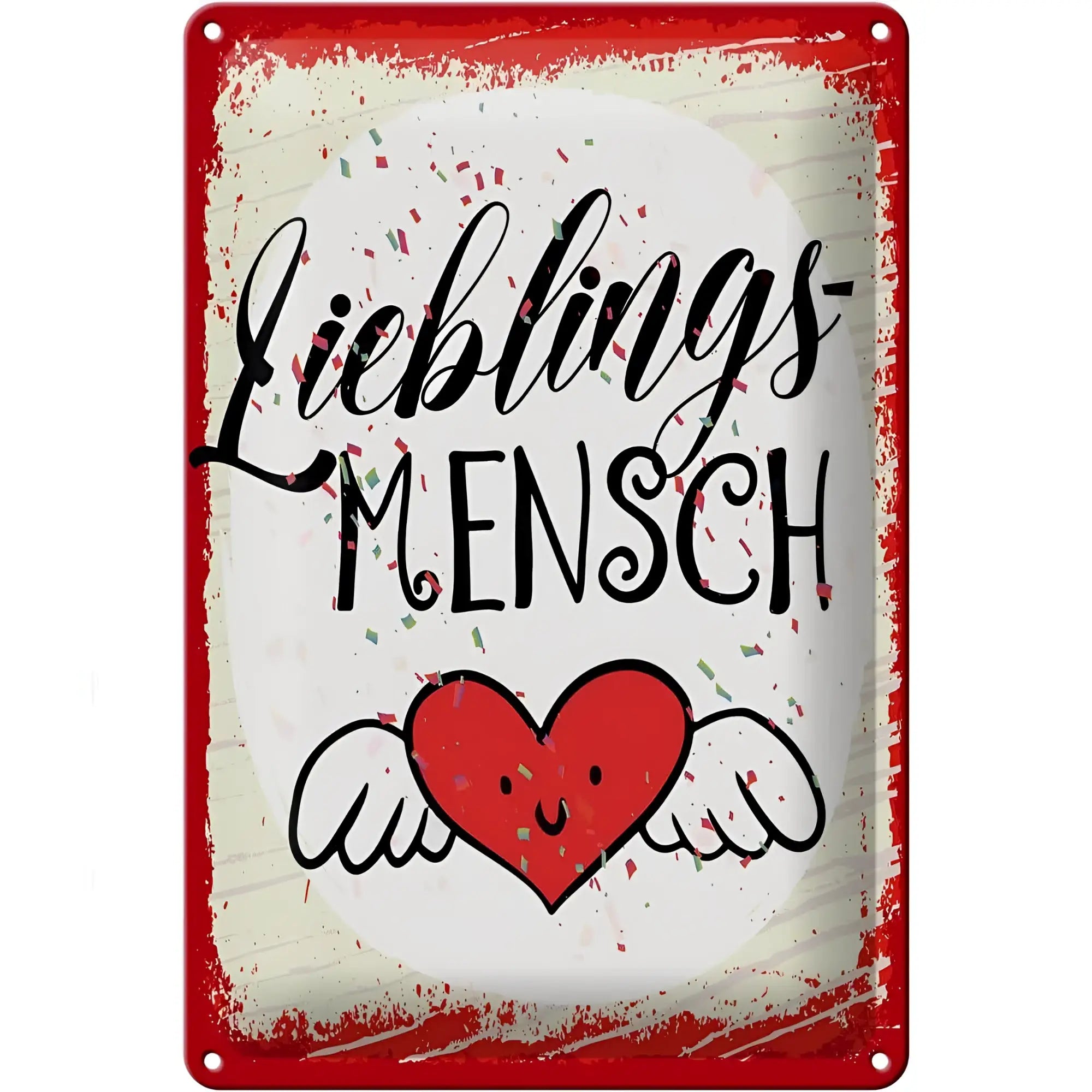 Rotes blechschild 20x30cm mit spruch lieblingsmensch in schwarzer schrift und herz mit flügeln auf metallrahmen