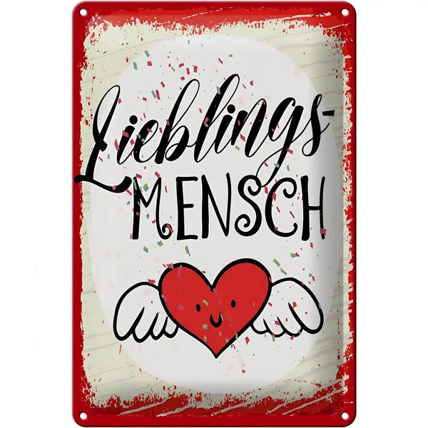 Rotes blechschild 20x30cm mit spruch lieblingsmensch in schwarzer schrift und herz mit flügeln auf metallrahmen