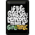Schwarz Metall blechschild mit weißer und bunter schrift if life gives you lemons make gin und tonic 20x30cm