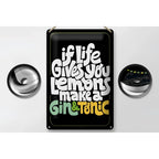 Schwarzes rechteckiges blechschild mit weißem und buntem schriftzug if life gives you lemons make gin tonic 20x30cm