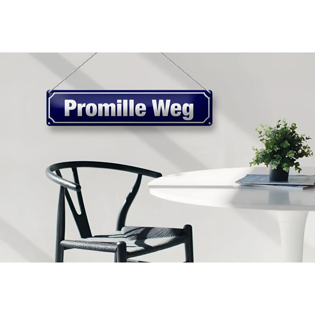 Blaues blechschild straßenschild metall 46x10 cm mit weißer schrift promille weg zum aufhängen