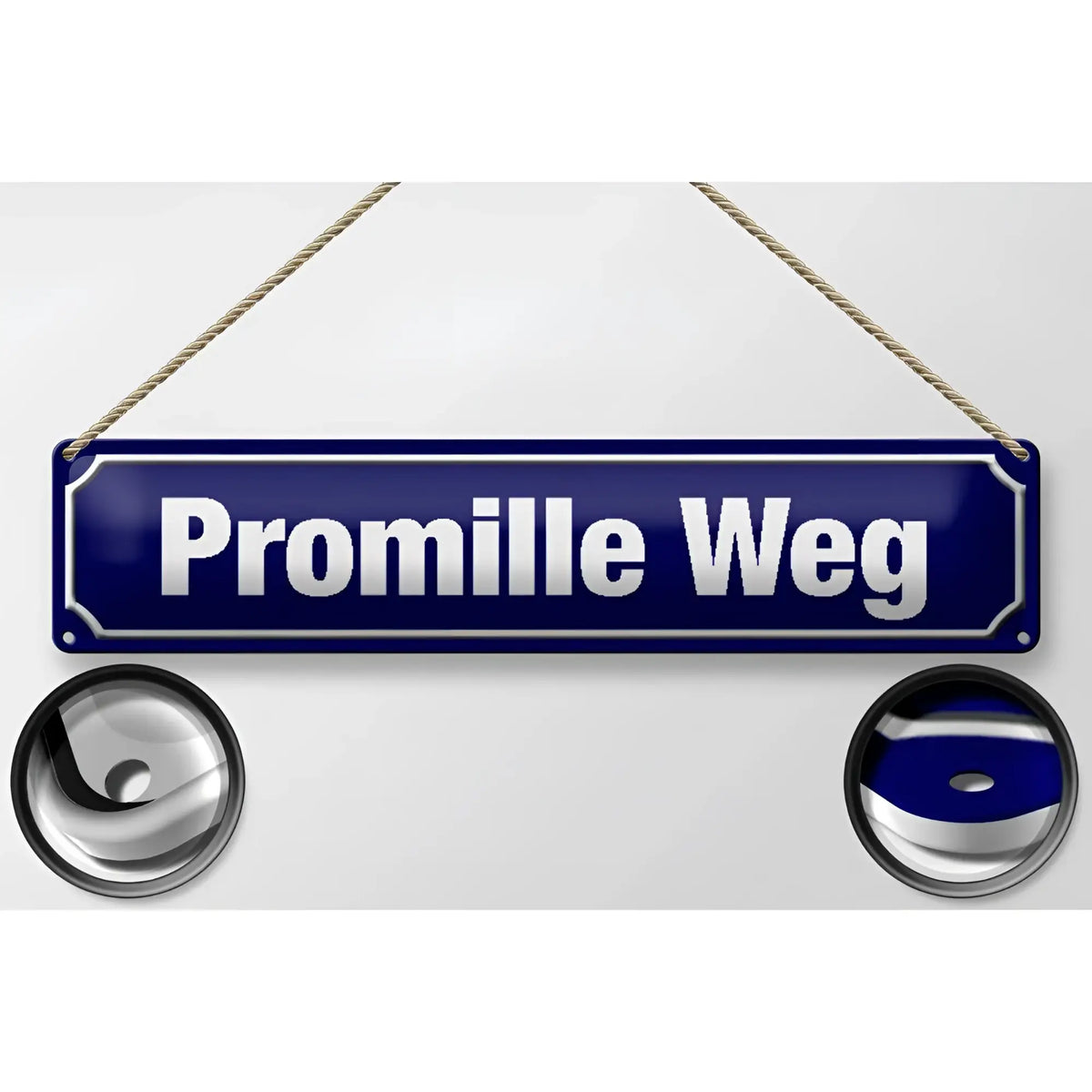 Blechschild straßenschild aus metall mit tiefblauem emaille hintergrund und weißer schrift promille weg mit kordeln zum aufhängen