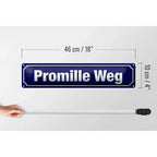 Blechschild straßenschild promille weg in tiefblau mit weißer schrift aus metall und emaille rund und rechteckig
