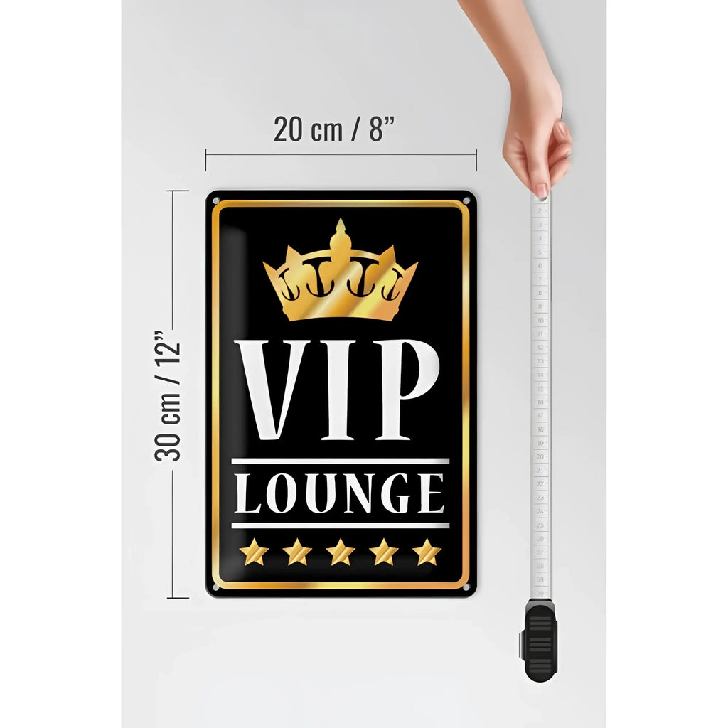 Blechschild vip lounge 20x30cm schwarz mit goldkrone sternen und weißer schrift für 5 sterne bar
