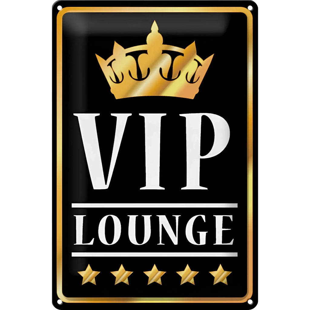 Schwarzes rechteckiges blechschild mit goldrand goldkrone und weißem vip lounge schriftzug und fünf goldenen sternen