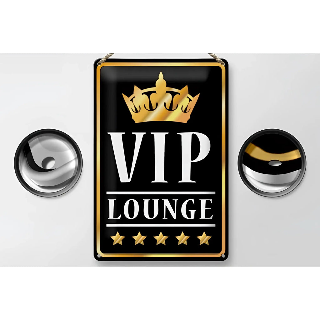 Blechschild vip lounge 20x30cm mit schwarzem und goldenem design goldener krone und metallrahmen