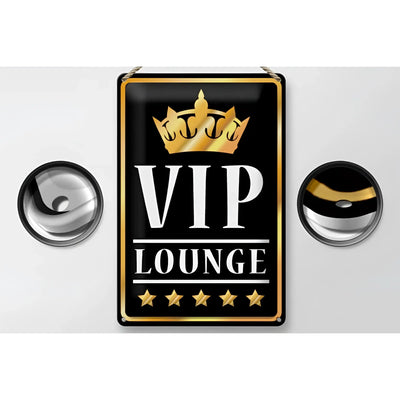 Blechschild vip lounge 20x30cm mit schwarzem und goldenem design goldener krone und metallrahmen
