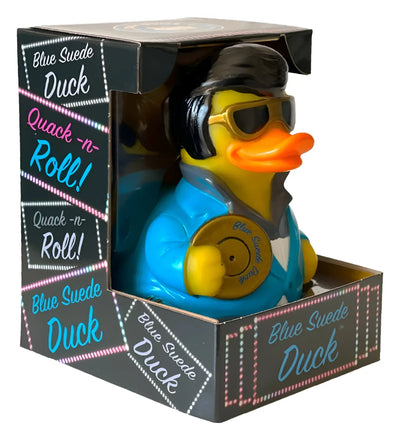 Blue suede duck gummiente in blauer wildlederjacke mit schwarzem haar und sonnenbrille offizielles produkte von celebri ducks