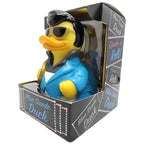 Blaue gummiente mit schwarzer frisur, sonnenbrille und blauer jacke von celebriDUCKS offizielles produkt