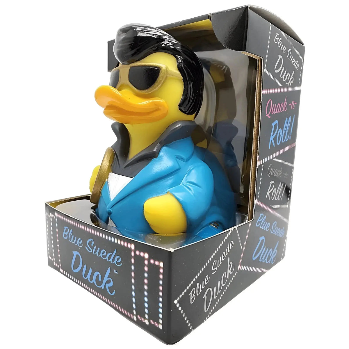 Blaue gummiente mit schwarzer frisur, sonnenbrille und blauer jacke von celebriDUCKS offizielles produkt