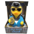 Gelbe gummiente mit schwarzen sonnenbrillen und blauem jackett hält goldfarbene vinylplatte blau suede duck von celebriducks
