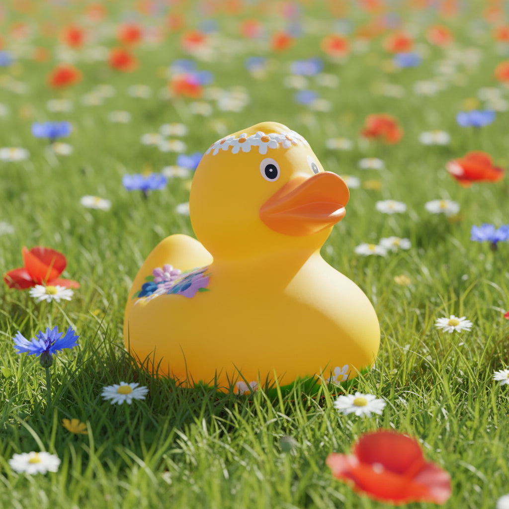 Gelbe quietsche-ente mit weißen gänseblümchen-haarband und lila blumen im blumenkranz und blütenzauber-design