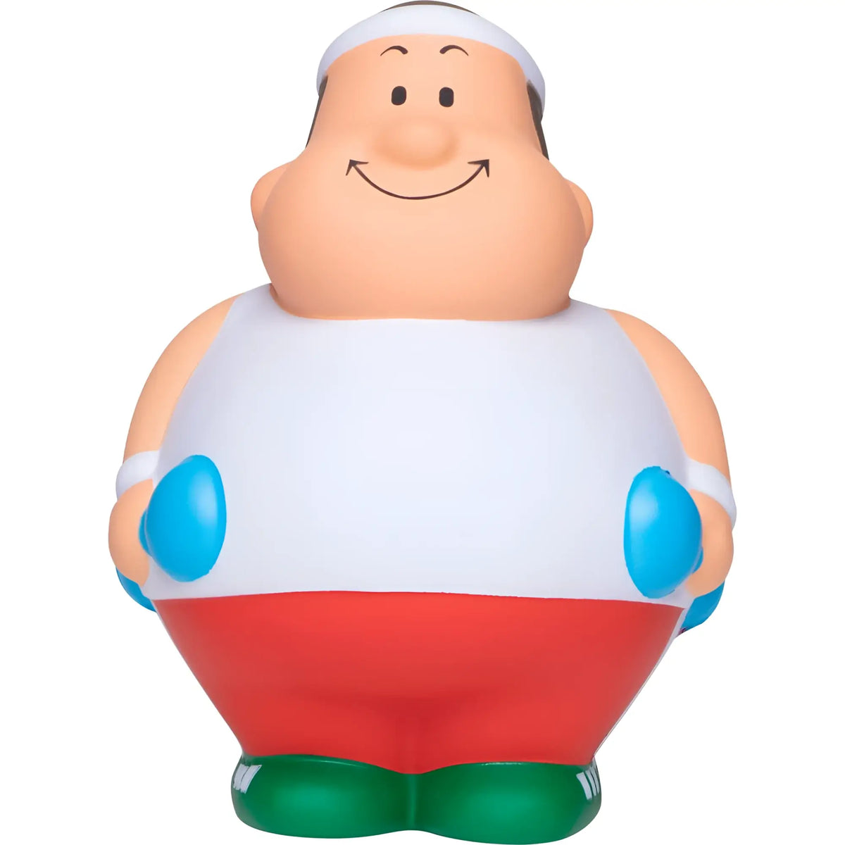 A body bert® anti-stress-figur mit weißem stirnband, roter hose und blauen handschuhen zum stressabbau