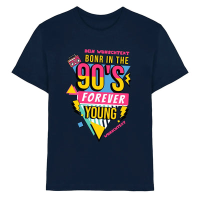 Navyblaues baumwoll t shirt aus der statement collection mit 90s grafik in gelb pink und retro boombox motiv