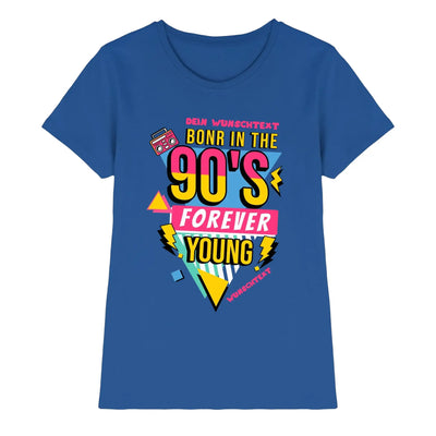 Blaues damen t-shirt mit 90er jahre retro boombox grafik in gelb und rosa aus der born in 90s kollektion