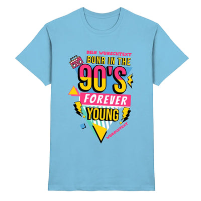 Hellblaues baumwollshirt mit 90er jahre grafik in gelb pink geometrischen formen und retro boombox aus der statement-collection