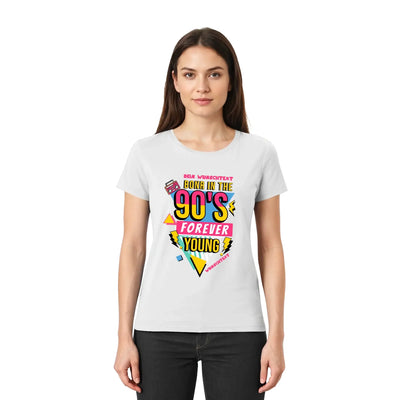 Leichtgraues damen t-shirt mit lebendigem 90er jahre grafikdesign und bunten texten aus der born in 90s kollektion
