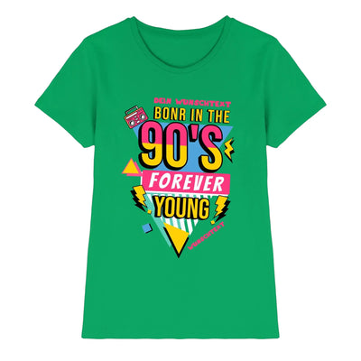 Leuchtendes grünes damenshirt aus der born in 90s statement-collection mit neonfarbenem 90er grafikdesign