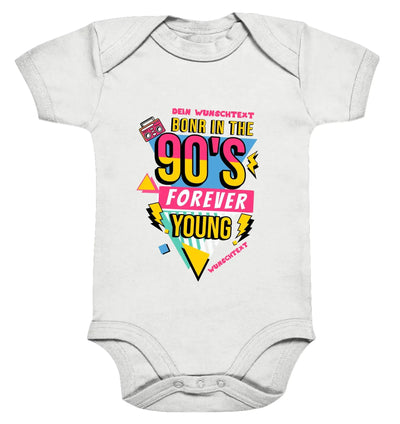 Weißer babystrampler mit buntem 90er jahre grafikprint born in 90s forever young aus der statement-collection