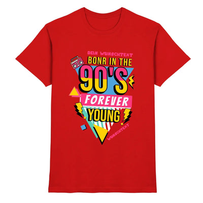 Rotes kurzarmshirt mit leuchtendem 90er jahre grafikprint in gelb rosa und blau aus der born in 90s statement collection