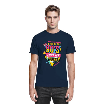 Navyblaue baumwoll t-shirt mit lebendigem retro 90er grafikdesign in gelb rosa und türkis aus der born in 90s kollektion